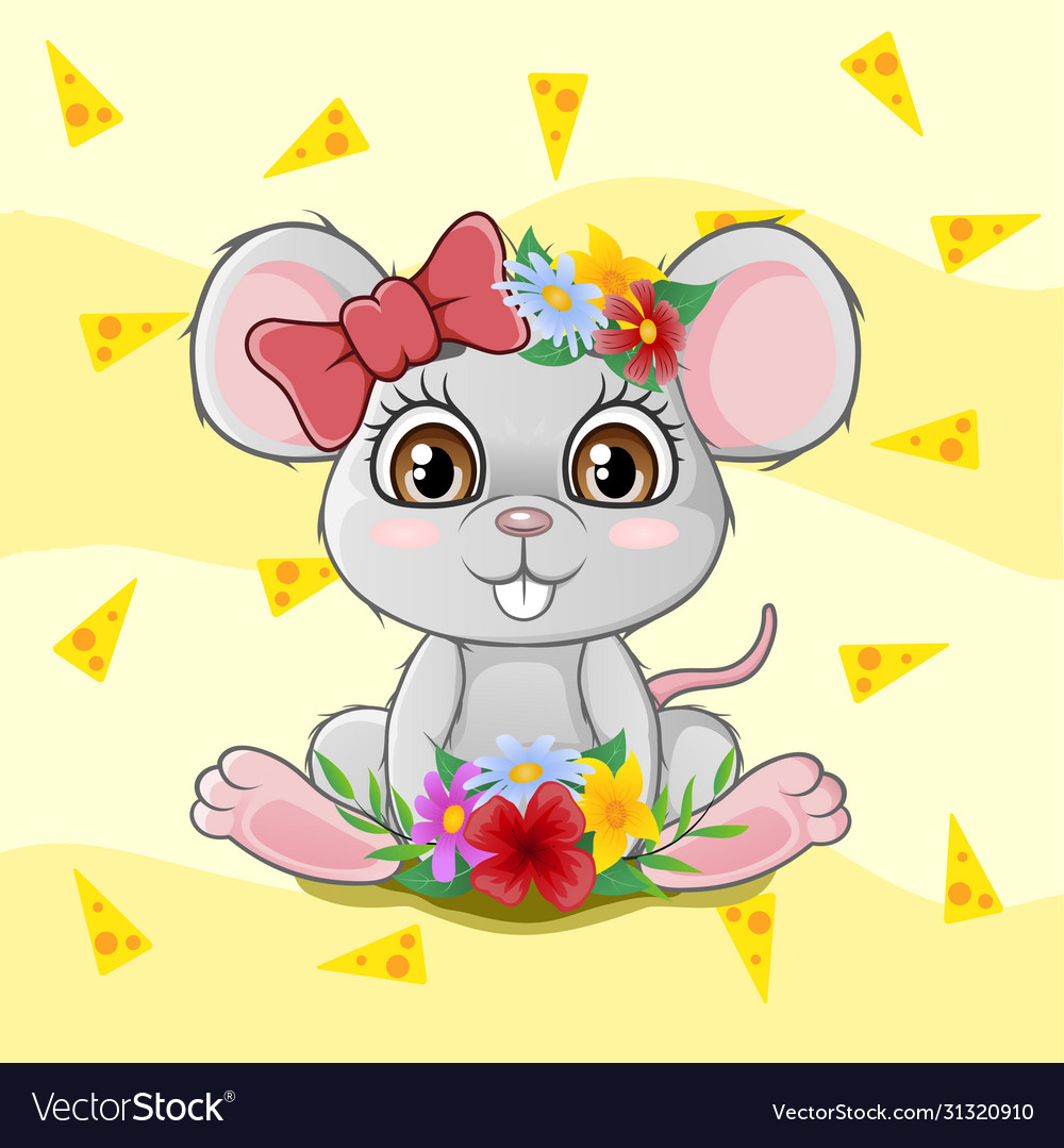 Cute little mouse sitting with flowers Royalty Free Vector