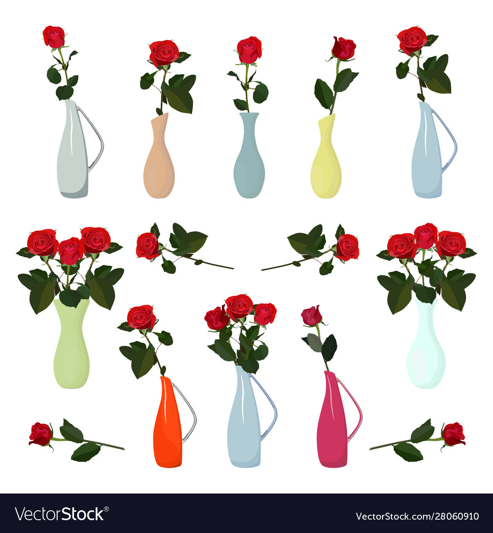 Red Roses In Vases Flat Isolated Royalty Free Vector Image