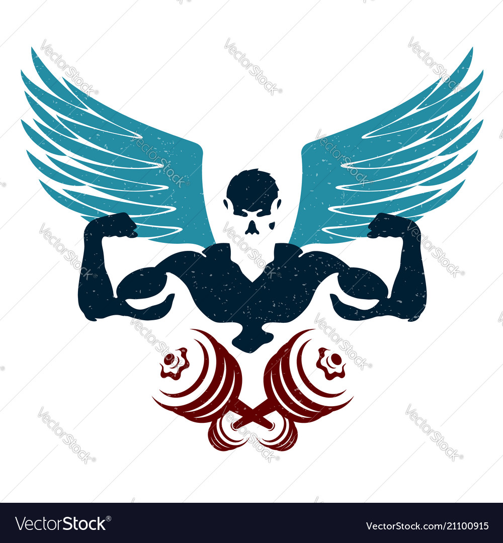 Bodybuilder with wings and dumbbells silhouette Vector Image