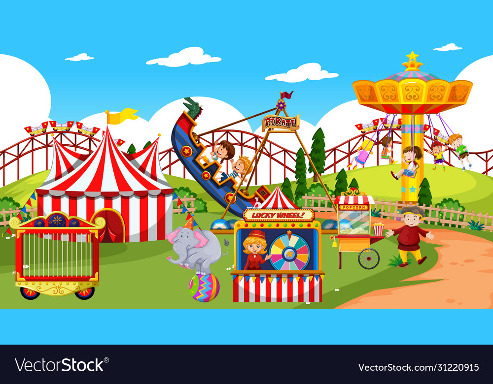 Themepark scene with many rides and happy children