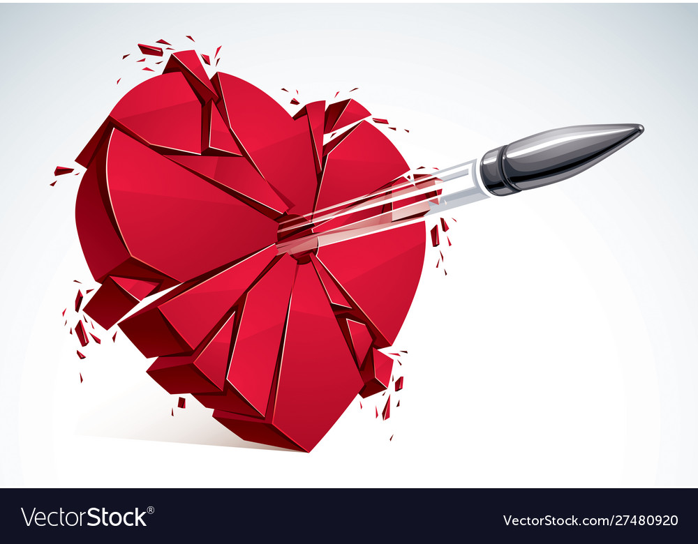 Heart broken with bullet gun shot 3d realistic of Vector Image