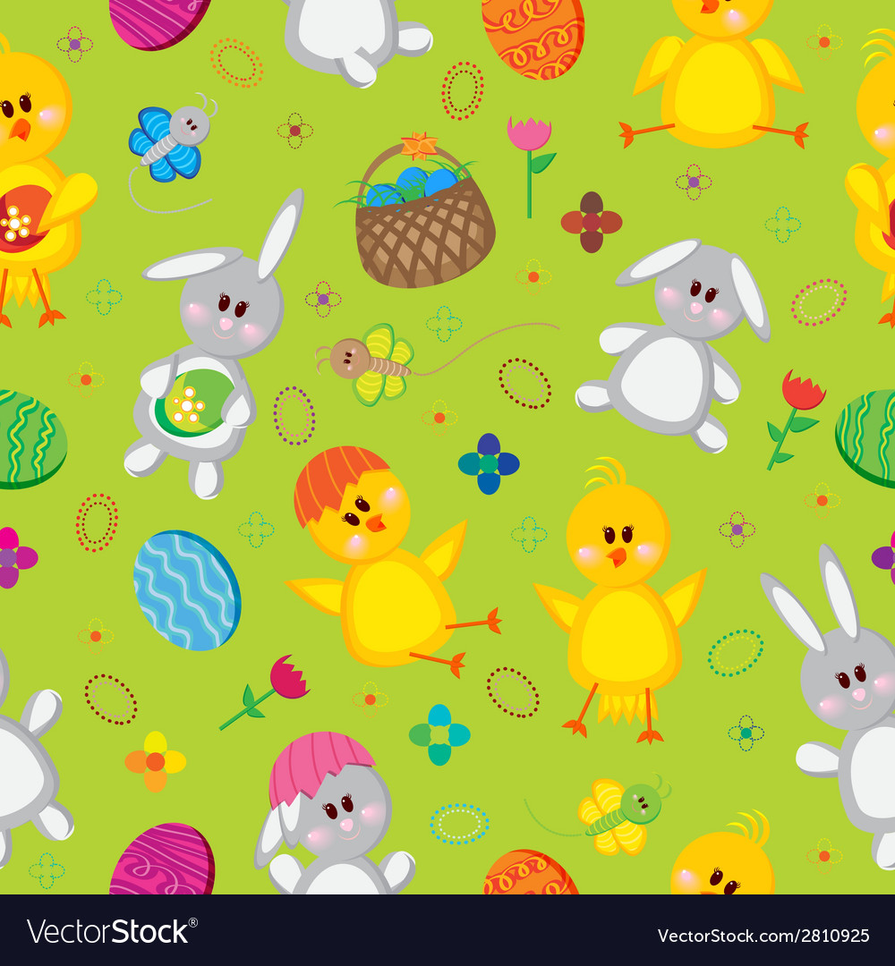 Colored Easter eggs bunnies baskets flowers Vector Image