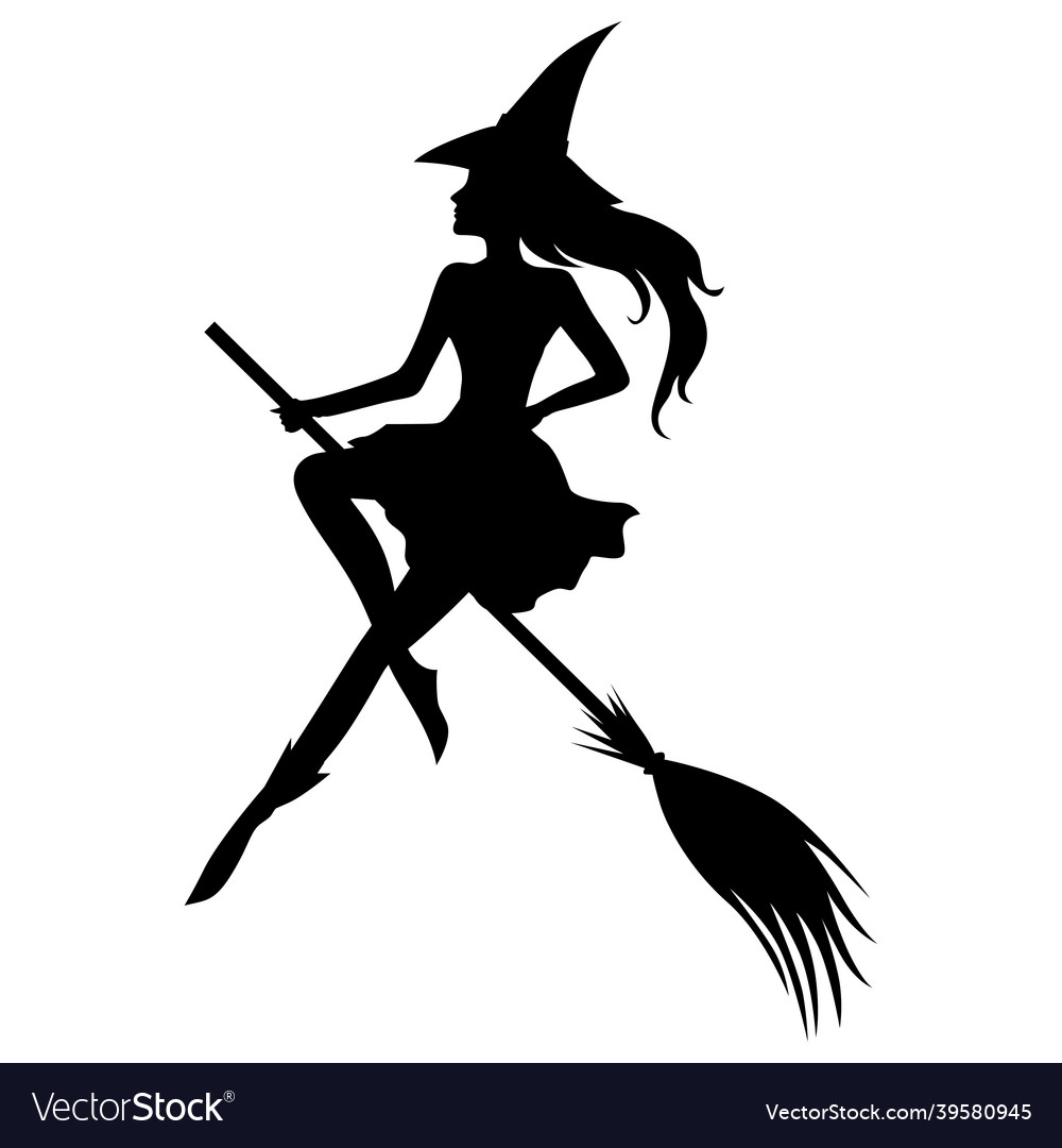 Halloween witch on broom fly silhouette Royalty Free Vector