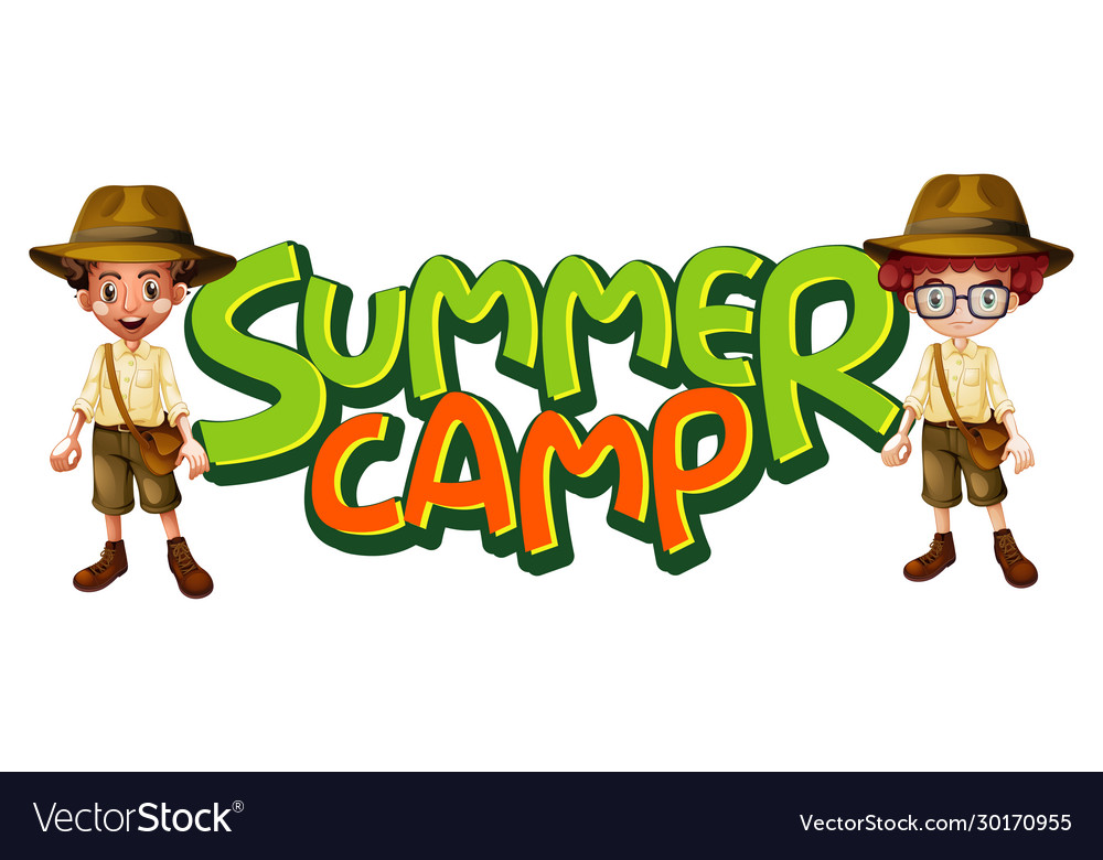 Font design for word summer camp with two boys in Vector Image