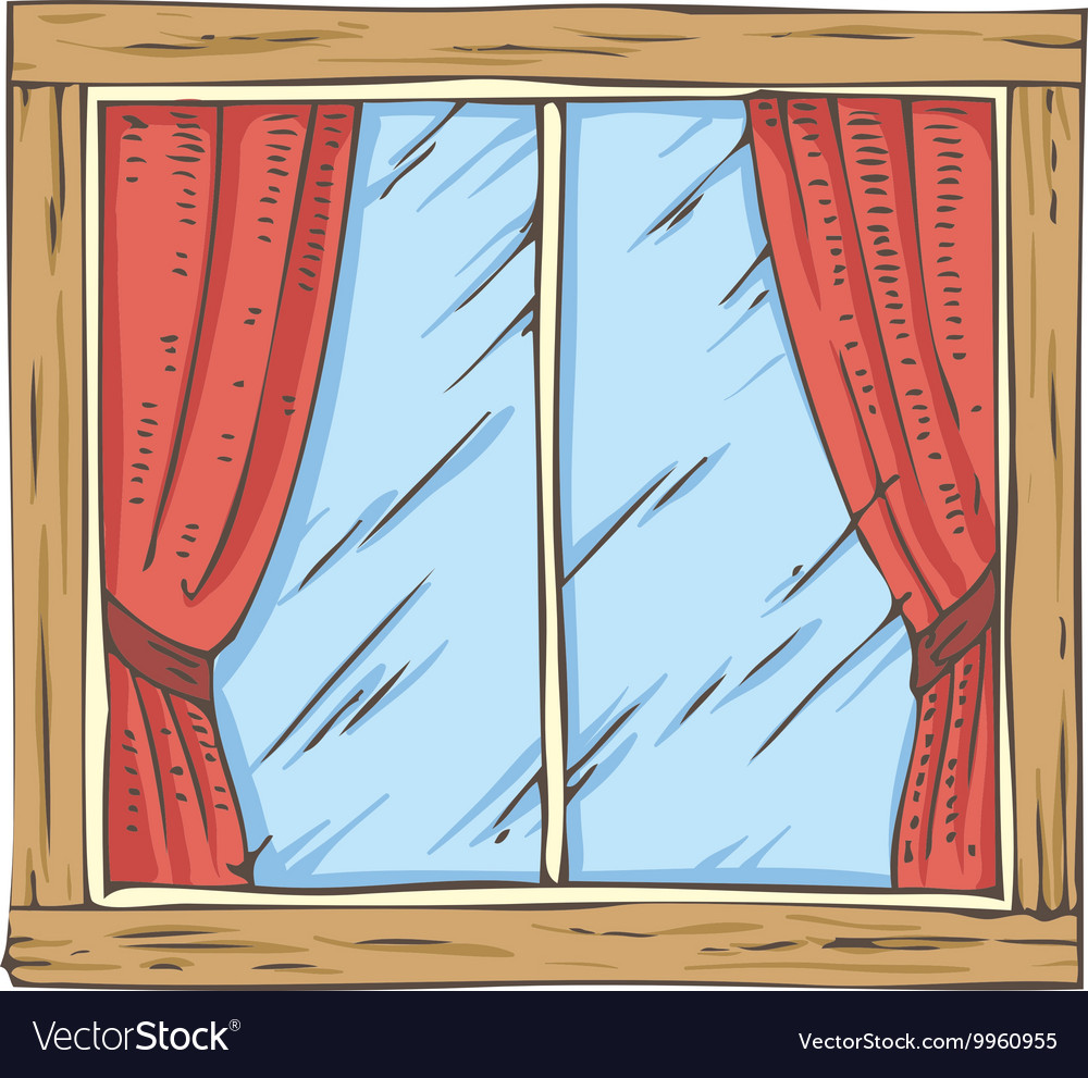 Wooden window with red curtain Royalty Free Vector Image