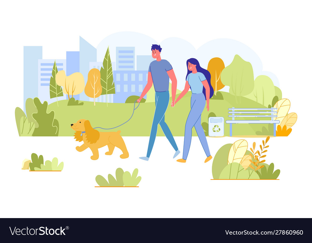 Couple walking with dog in city park leisure Vector Image