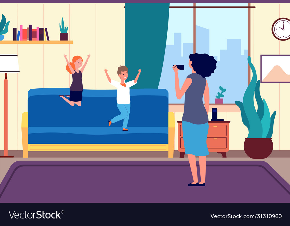 Happy kids jumping isolation period stay at home Vector Image