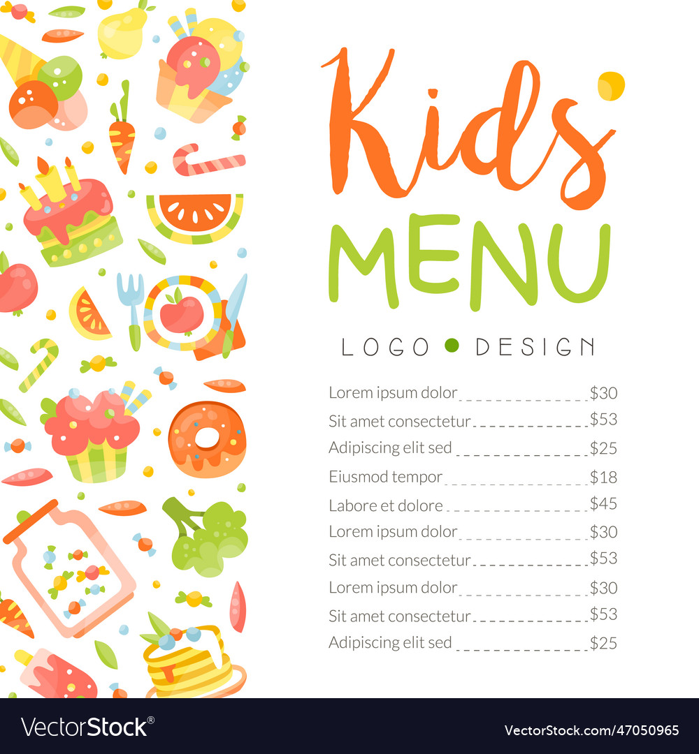 Cute colorful kids meal menu placemat healthy Vector Image