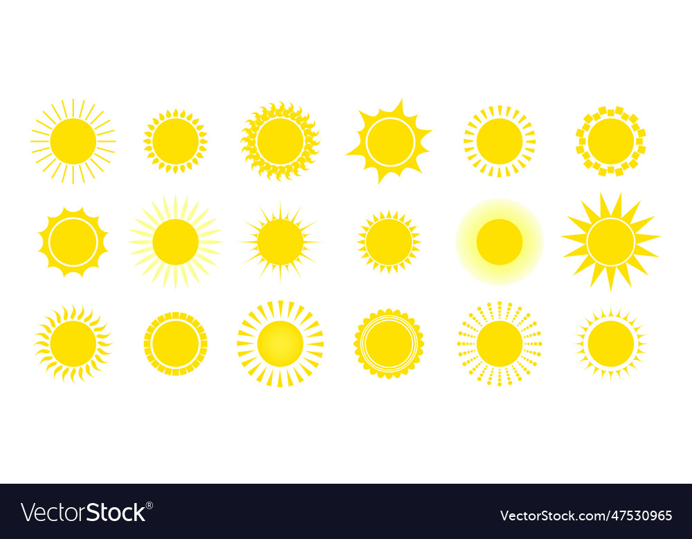 Yellow sun flat icon collection Royalty Free Vector Image