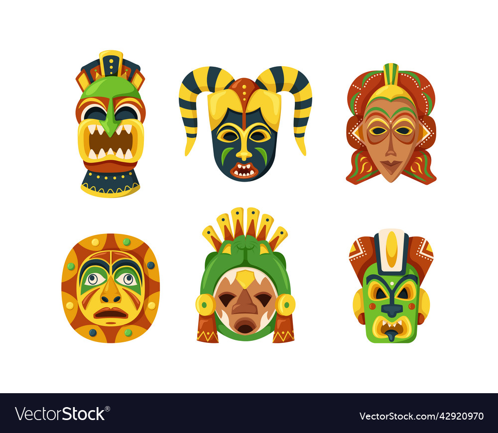 Tiki masks set multicolored mexican indian Vector Image