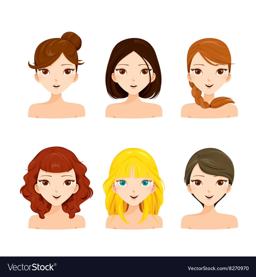 Young Women Faces With Various Hairstyles Set Vector Image