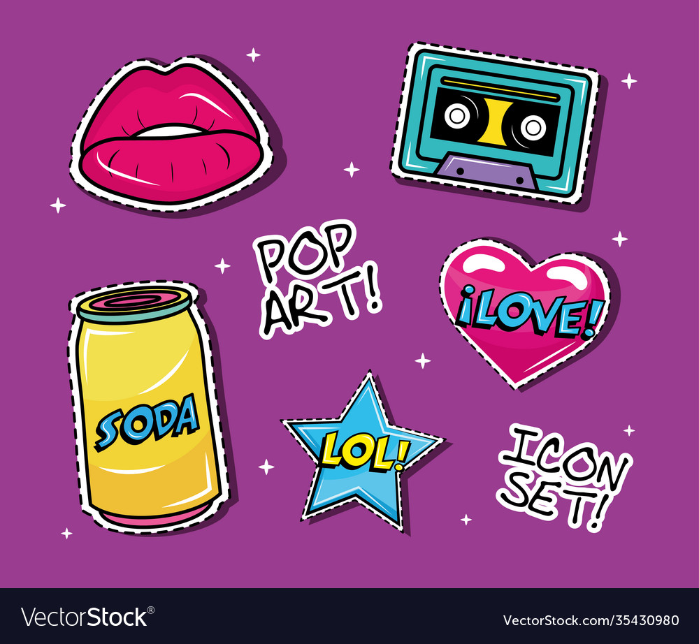 Bundle seven pop art stickers set icons Royalty Free Vector