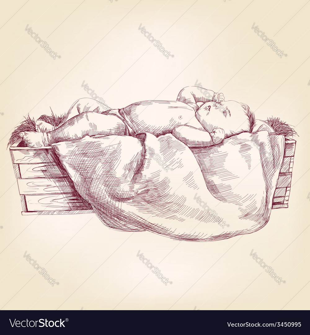 Baby Jesus In The Manger Hand Drawn Royalty Free Vector