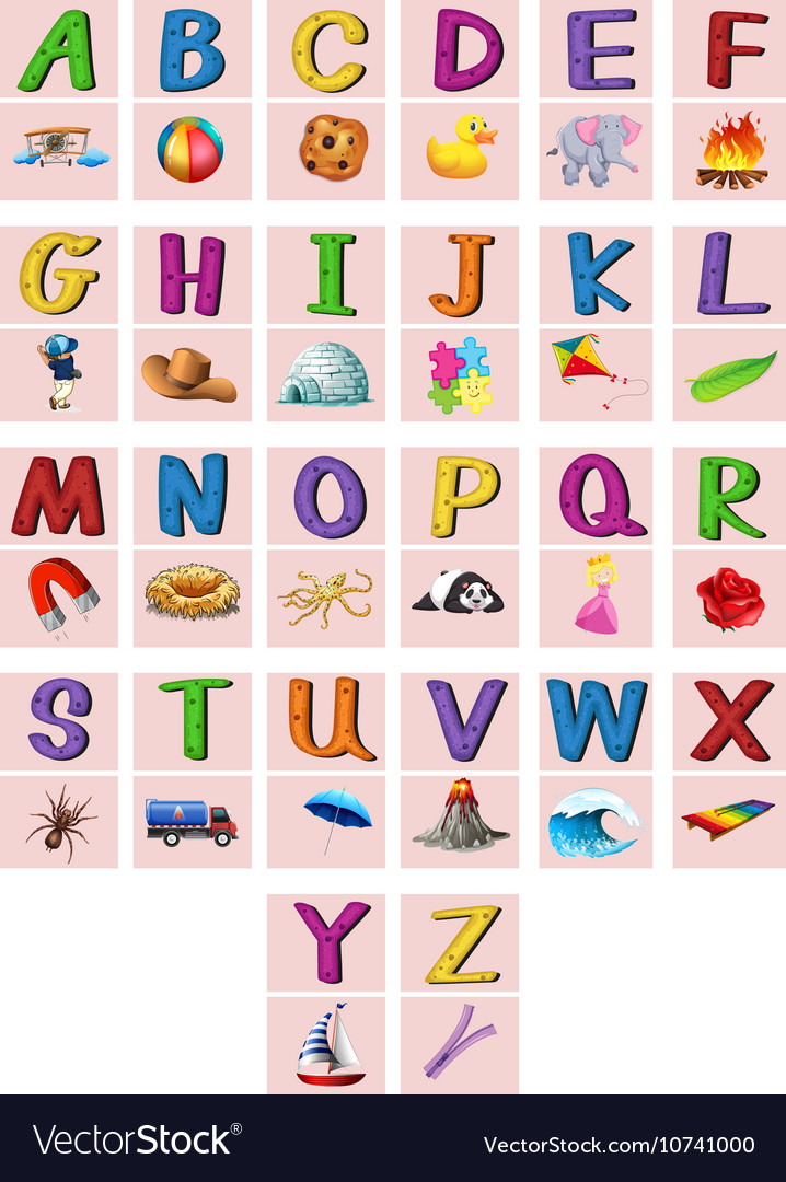 English Alphabets A To Z With Pictures Royalty Free Vector