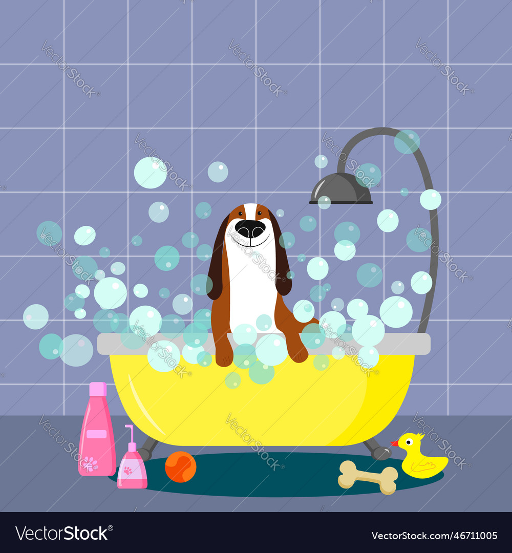 Cartoon Dog Sits In A Bath With Soapy Foam Vector Image