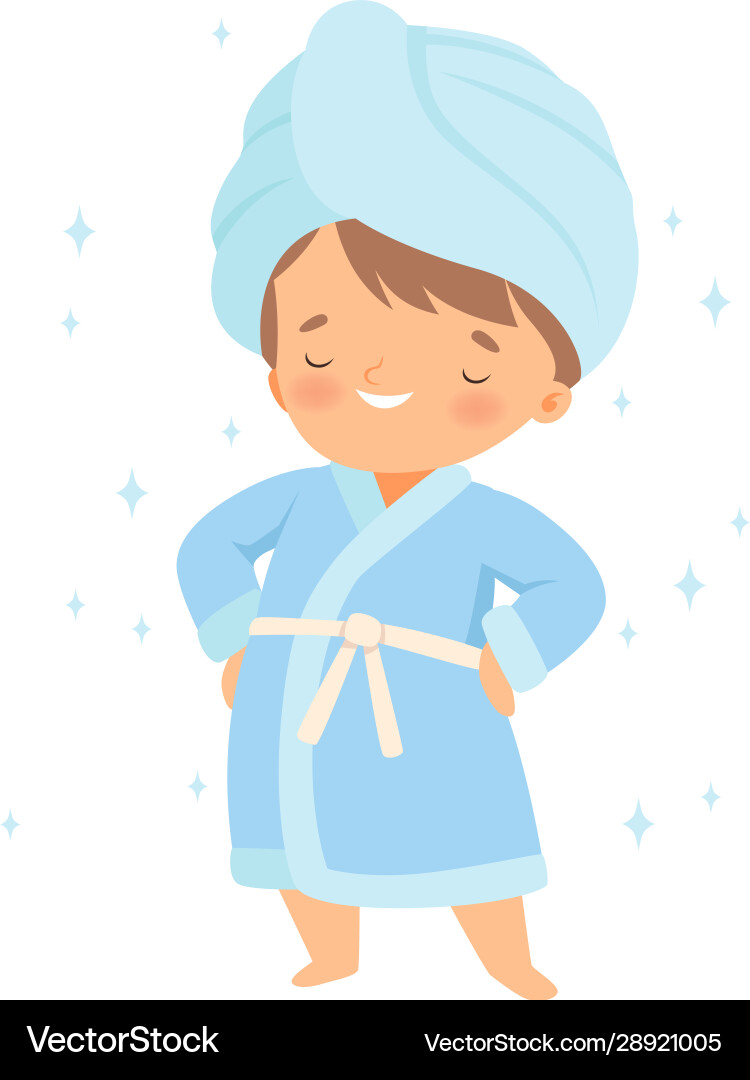 Little boy wearing bathrobe standing with towel Vector Image