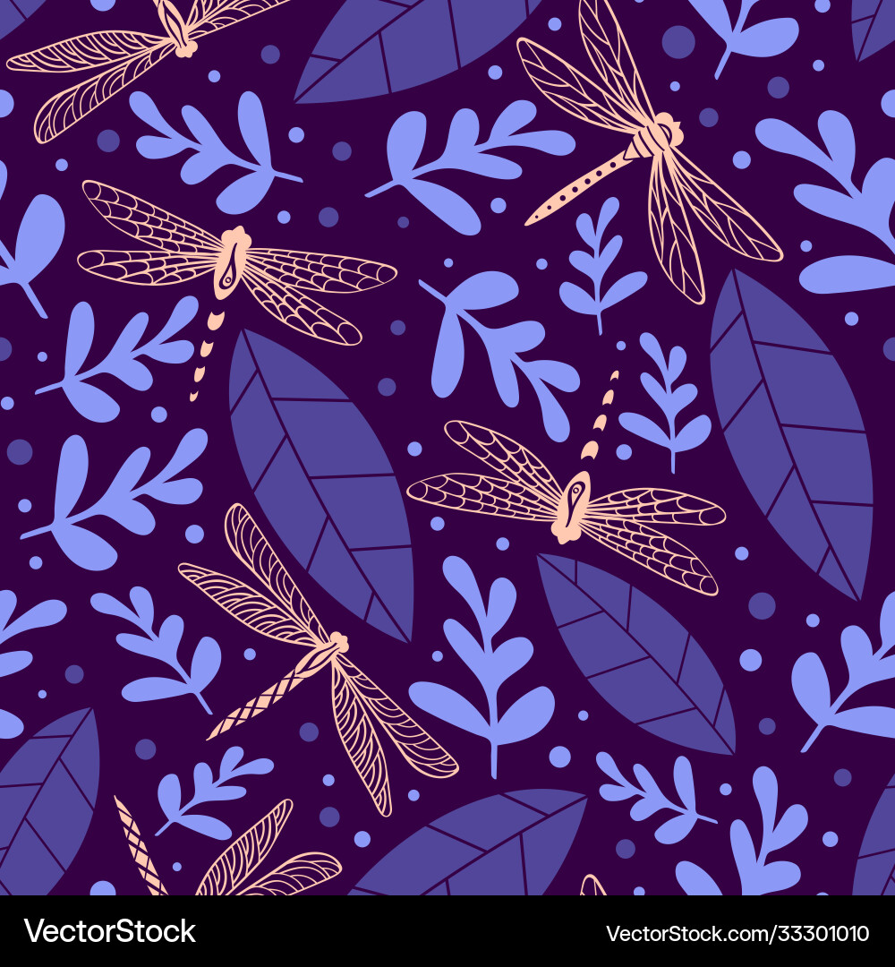 Dragonfly seamless pattern with plants Royalty Free Vector