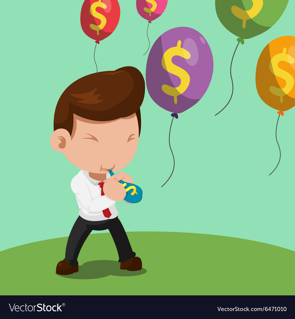 Man Blow Balloon Dollar Float Color Royalty Free Vector