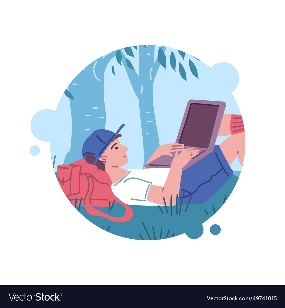 Freelancer working on laptop outdoor under tree Vector Image