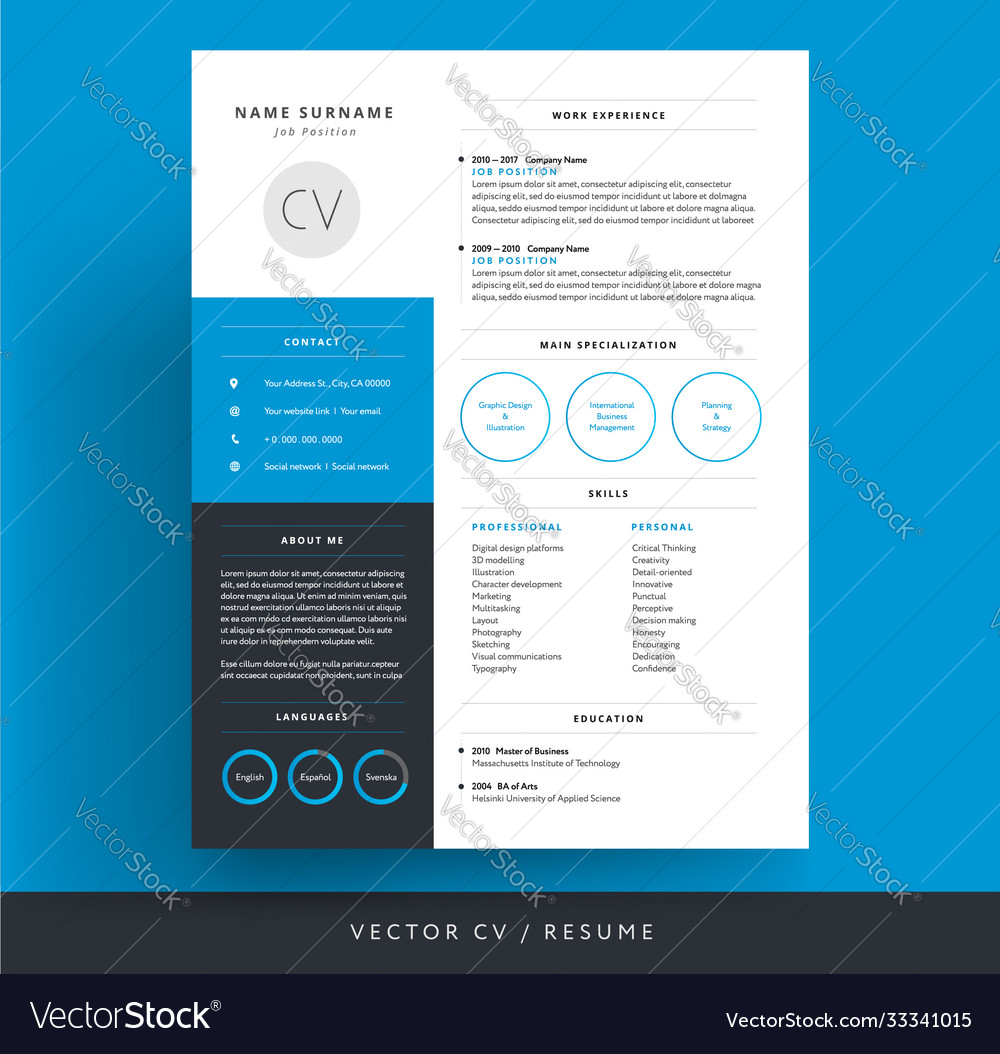 Professional cv resume template blue background Vector Image