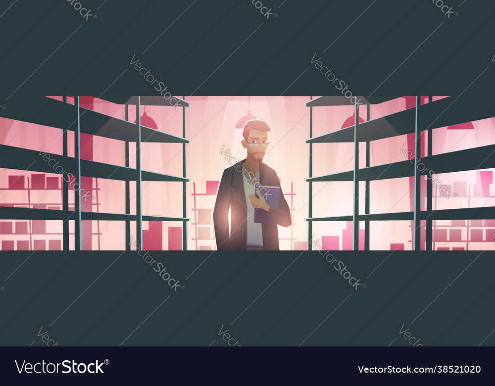 Businessman in warehouse with empty metal racks Vector Image