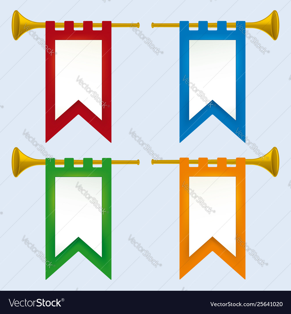 Four medieval trumpets with assorted color flags Vector Image