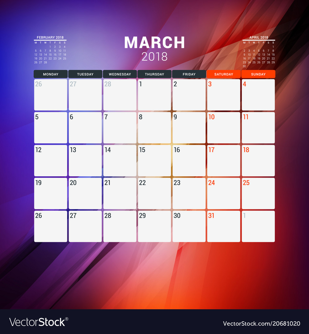 March 2018 calendar planner design template with Vector Image