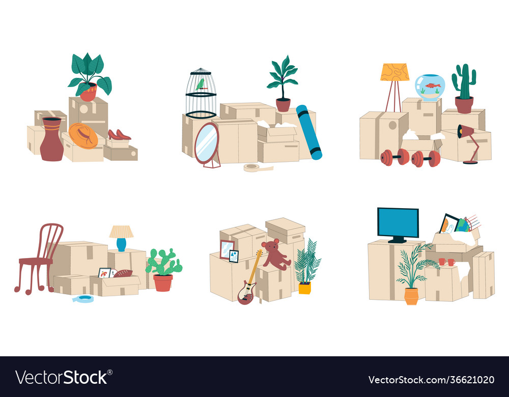 Moving boxes stacks and piles cardboard Royalty Free Vector