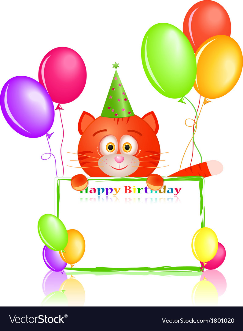 Red cat with greeting card and balloons Royalty Free Vector