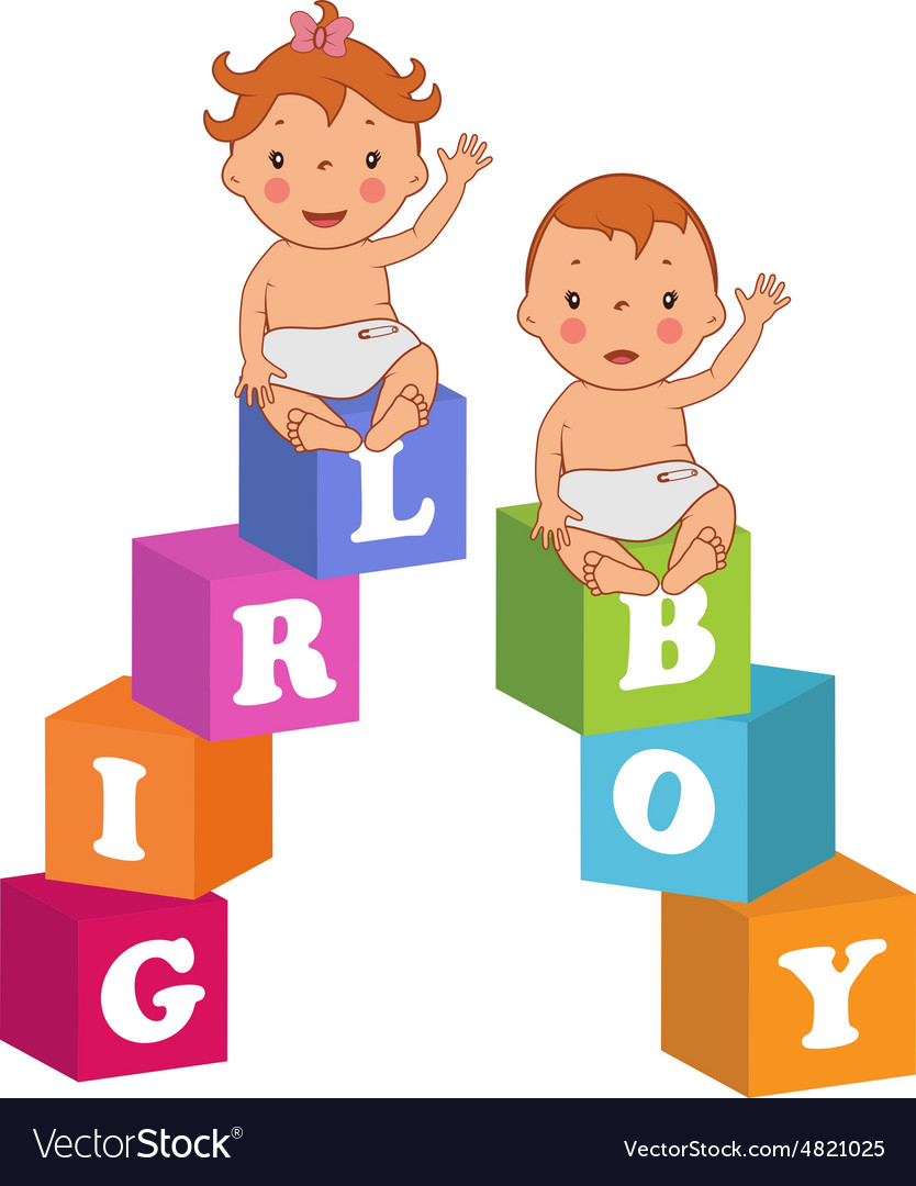 Cute Baby Boy And Baby Girl With Children Bricks Vector Image