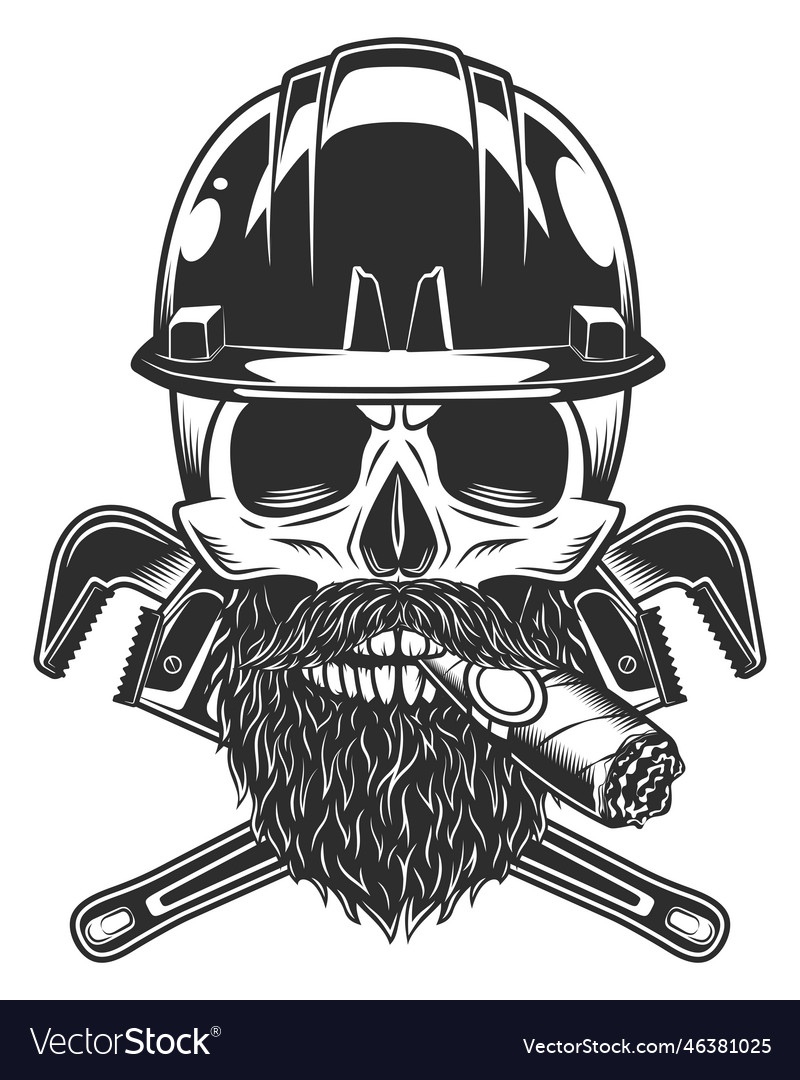 Skull smoking cigar in helmet hard hat and wrench Vector Image