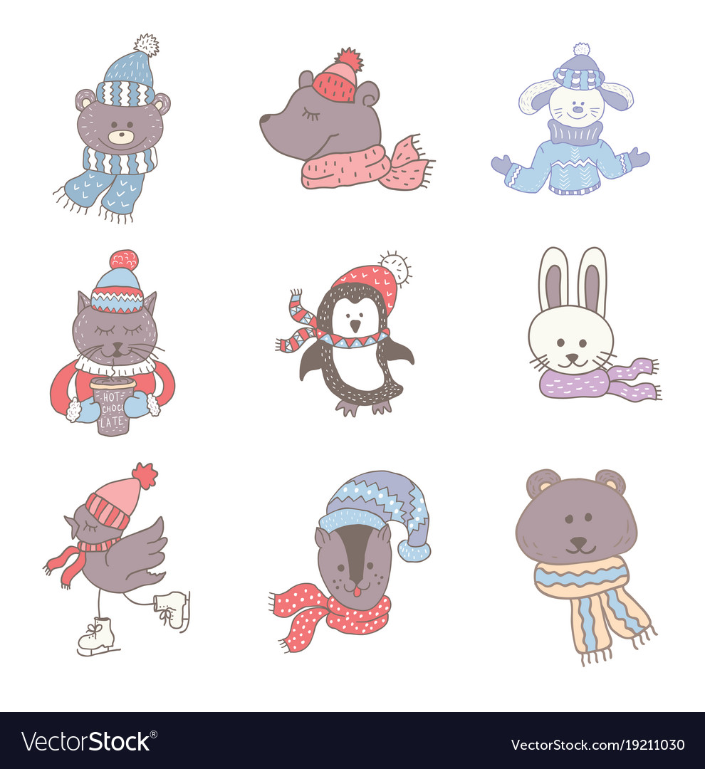 Set Of Cute Animals In The Winter Nursery Art Vector Image