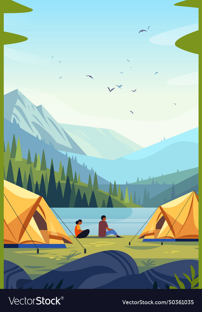 Tent Camp With Campers Sitting At River Bank Vector Image