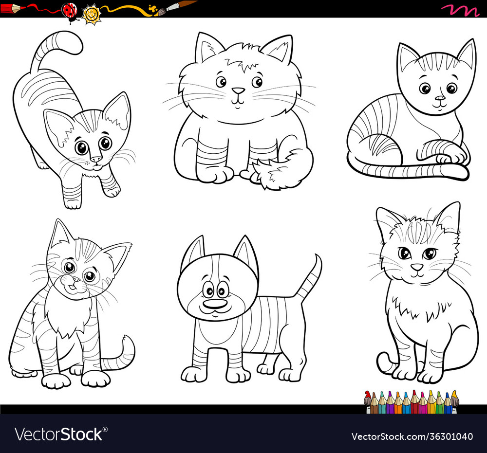 Cartoon cats animal characters set coloring book Vector Image