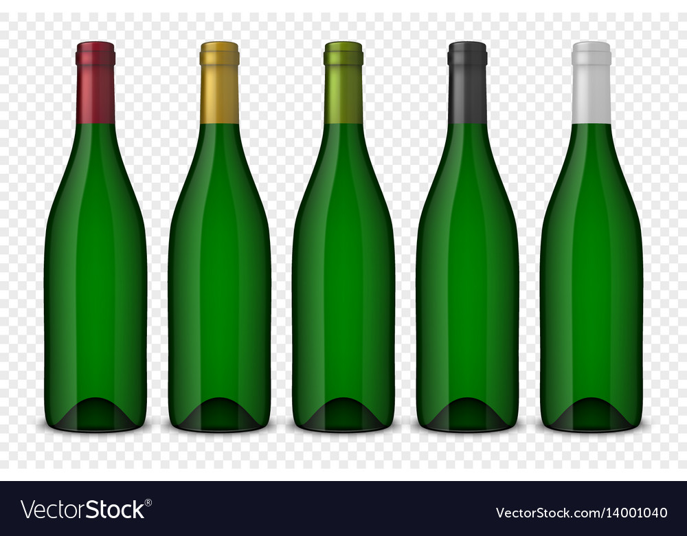 Set 5 realistic green bottles of wine Royalty Free Vector