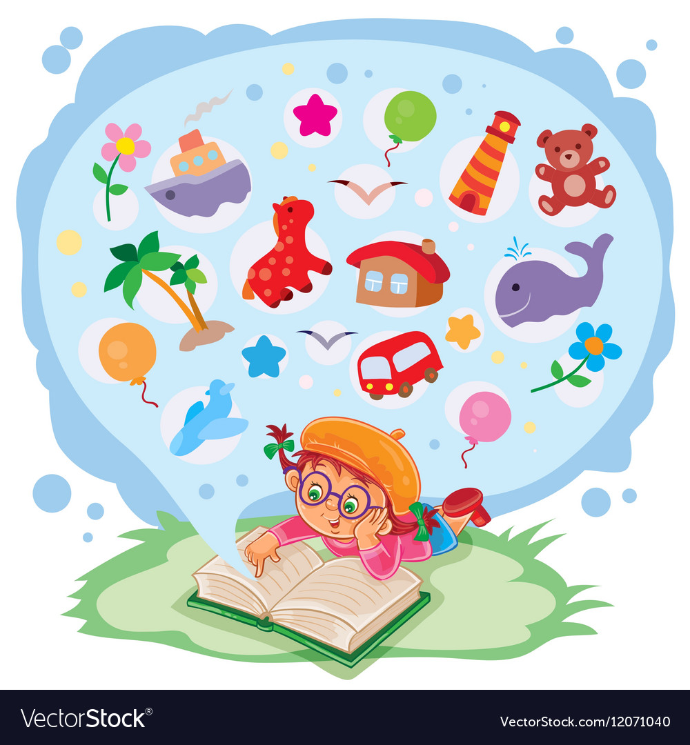 Small girl reading a book and dreams adventures Vector Image