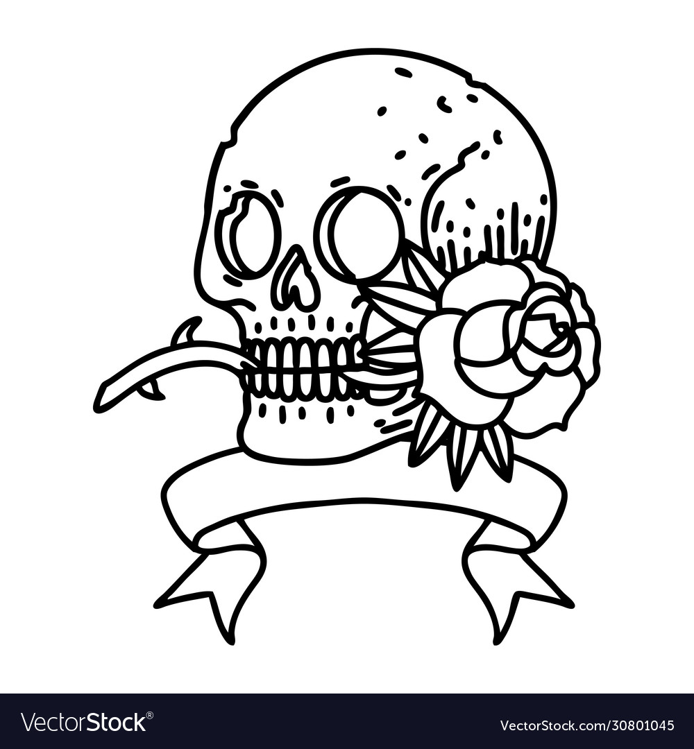 Black linework tattoo with banner a skull Vector Image