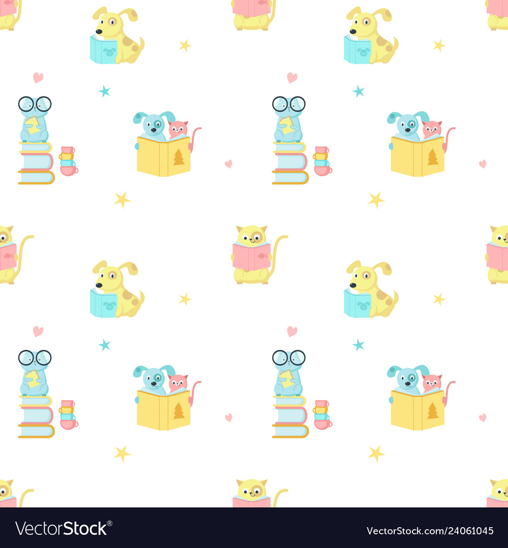 Seamless pattern with cute reading animals vector image Seamless pattern with cute reading animals