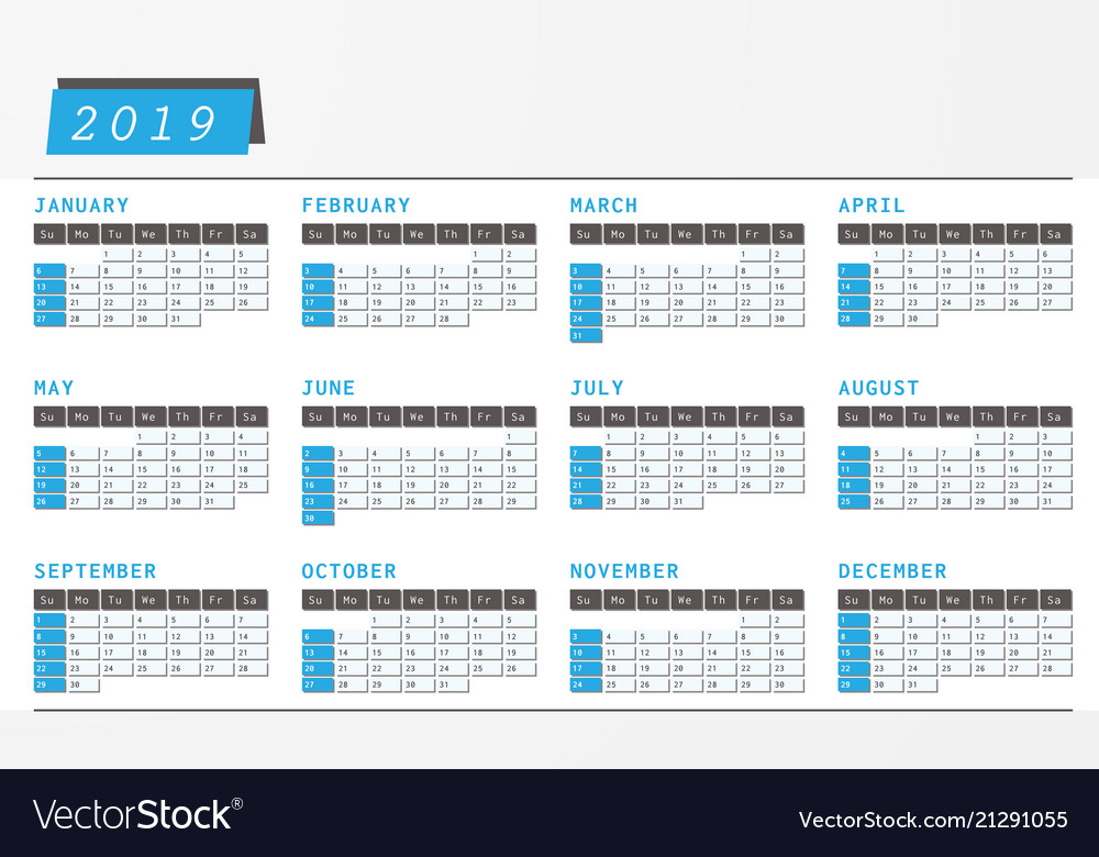 Year calendar 2019 office horizontal design