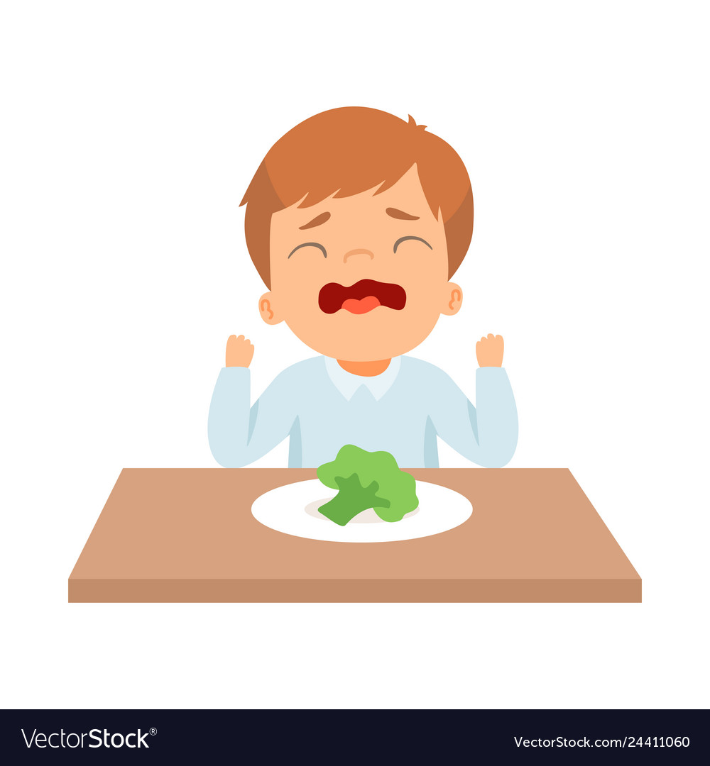 Crying Little Boy Refusing To Eat Broccoli Kid Vector Image