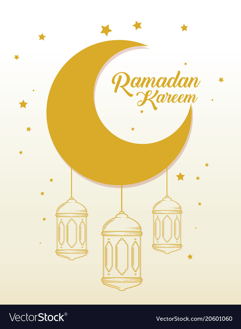 Ramadan kareem card with lanterns hanging and moon