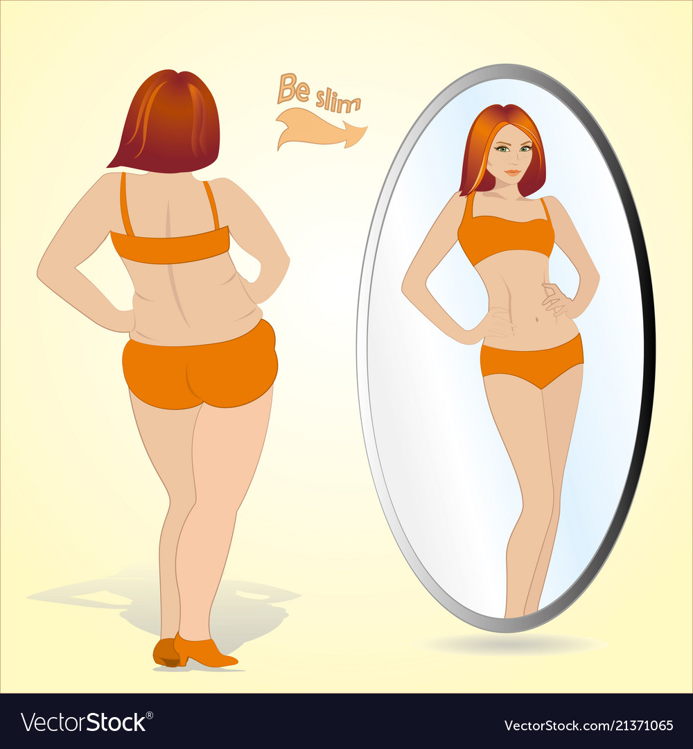 Fat Woman Looking In Mirror And Seeing Herself As Vector Image