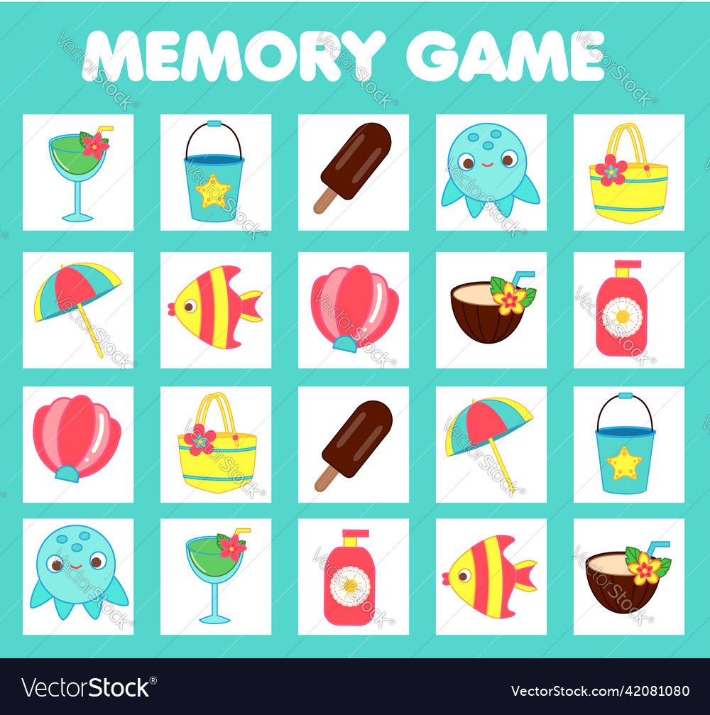 Memory Game For Toddlers Beach Fun Educational Vector Image