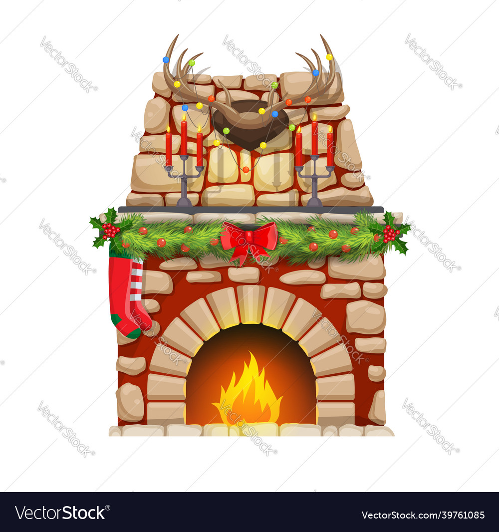 Christmas fireplace with fire and xmas decorations vector image Christmas fireplace with fire and xmas decorations