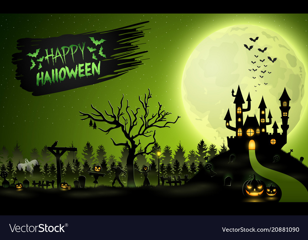 Creepy graveyard with castle and pumpkins Vector Image