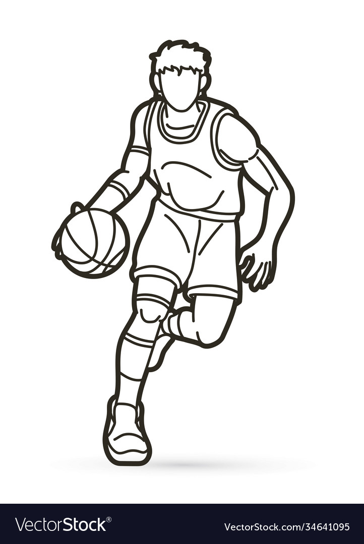 Basketball player action cartoon outline graphic Vector Image