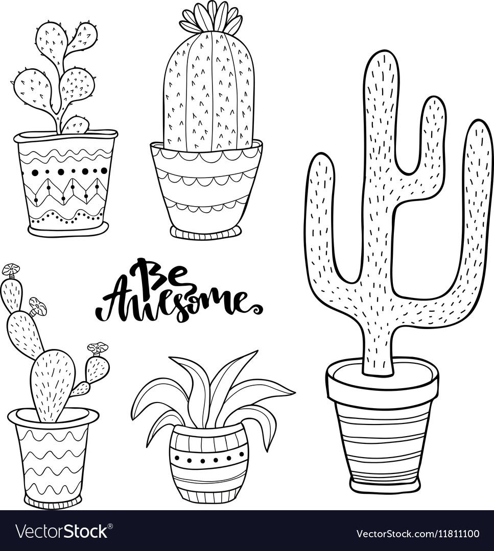 Hand drawn succulent and cactus set doodle plants