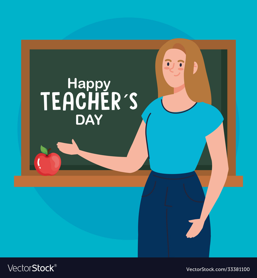 Woman Teacher With Green Board And Apple Happy Vector Image