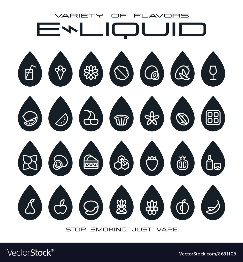 Vape shop e liquid flavors icons set Royalty Free Vector