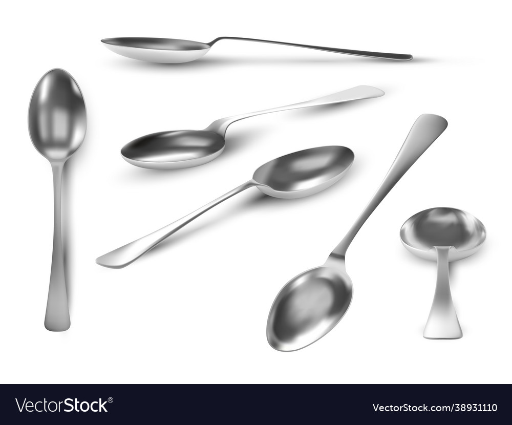 Realistic spoon views 3d metal table utensil vector image Realistic spoon views 3d metal table utensil